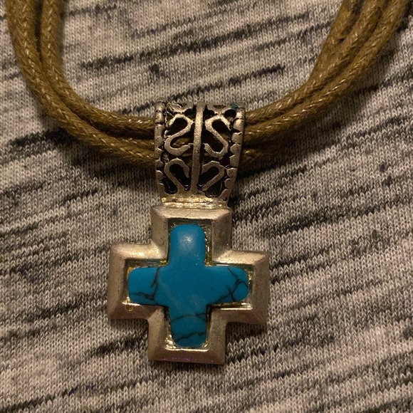 Vintage Faux-Turquoise Heart Cross Brown Cord Necklace and Earrings Sets - Picture 7 of 13